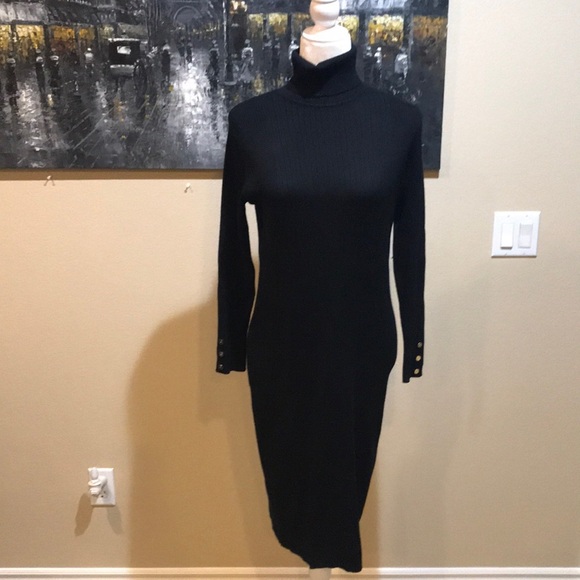 Anne Klein Black Sweater Dress with Turtleneck and Gold Button Detail-Size L - Picture 1 of 9